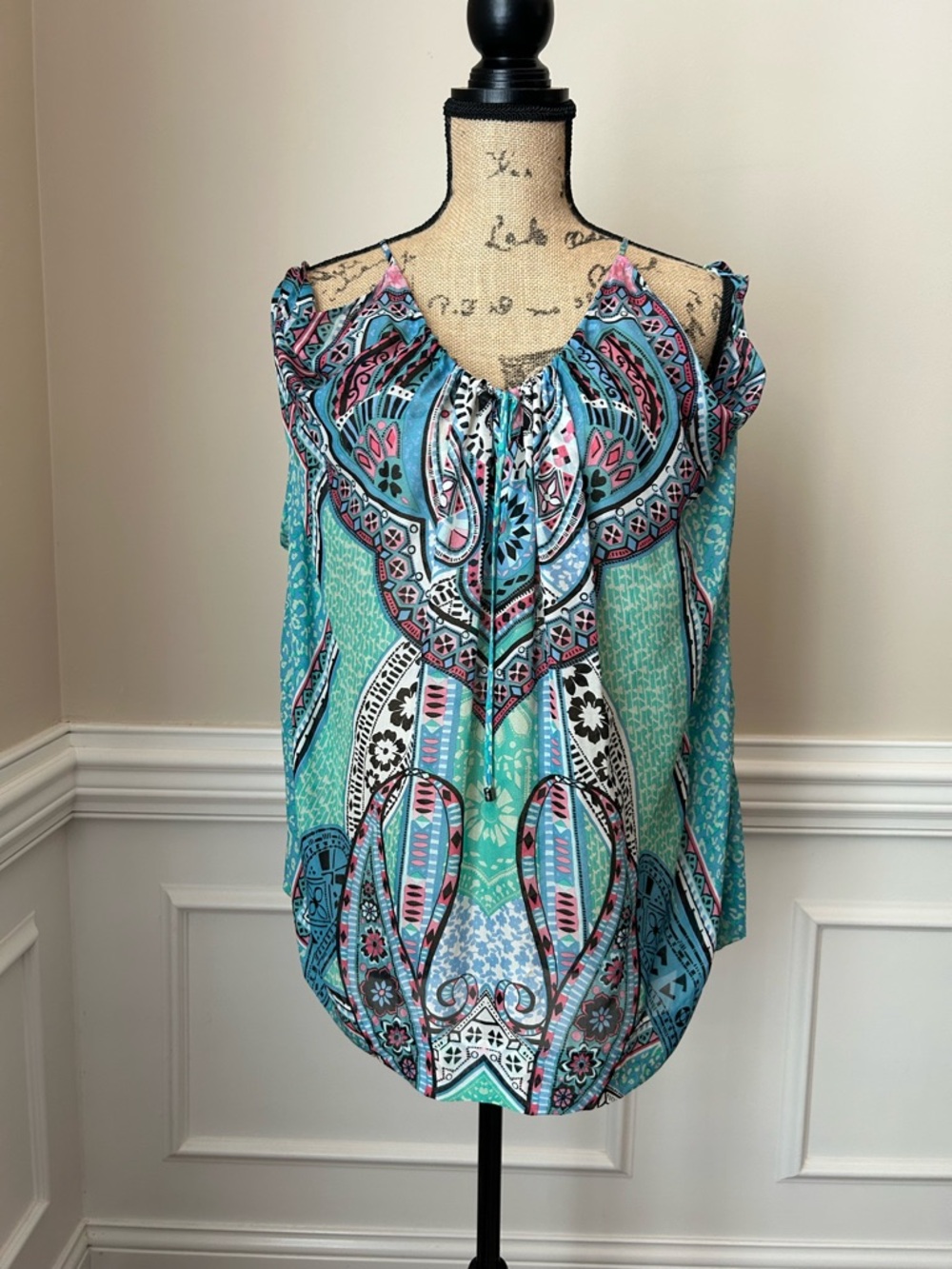 Hale Bob Teal and Aqua Cold-Shoulder Boho Blouse
